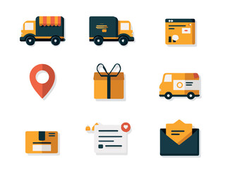 Delivery service icons set illustration with trucks, map pin, gift, and mail for online shop design 