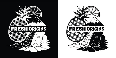 Obraz premium Fresh origins logo with pineapple, mountain, waterfall and citrus slice, black and white illustration