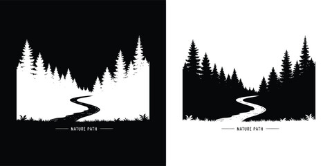 Obraz premium Black and white silhouette of a winding forest path leading through pine trees, evoking a sense of adventure and exploration in nature