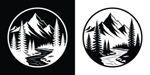 Circular emblem featuring a majestic mountain range with pine trees and a winding river, rendered in a striking black and white graphic style