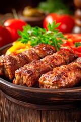Fototapeta premium Deliciously grilled kebabs are beautifully displayed in a rustic bowl alongside vibrant fresh vegetables like tomatoes and peppers, inviting a hearty meal