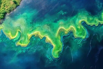 An aerial view of the lake displays stunning color gradients and patterns.