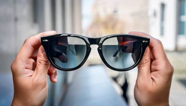 black sunglasses with reflective lenses held by hand showing casual style