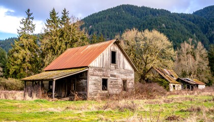 Obraz premium Old wooden buildings in a rural landscape