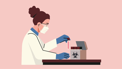 Female scientist in laboratory placing test tube into biohazard safety box, medical research, virus testing. Flat vector illustration