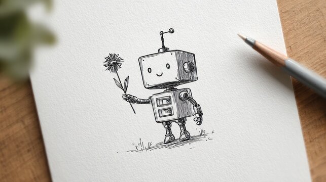 Cute robot holding a flower, detailed sketch