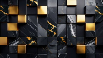abstract geometric dark marble cube wall with gold accents abstract art of natural stone wall background minimal 3d polished blocks luxury background architectural pattern