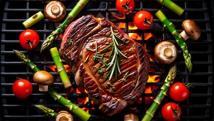 Naklejka premium Juicy ribeye steak grilling with asparagus and tomatoes on a hot barbecue