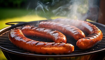 savory grilled sausages emitting smoke in backyard