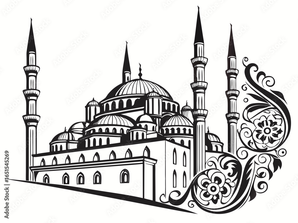 Poster illustration of a mosque with multiple domes and minarets with floral design elements on the side cr