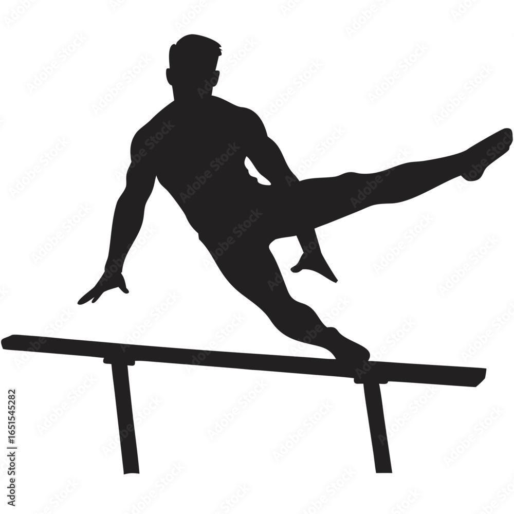 Poster silhouette of a gymnast performing a balance on parallel bars with one leg extended in the air pose 