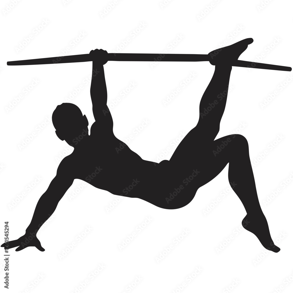 Poster silhouette of a man hanging on a bar with one leg raised in a challenging acrobatic pose displayed c