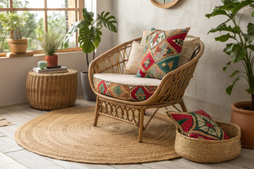 Cozy Boho Chic Reading Nook with Rattan Armchair, Woven Rug, and Lush Indoor Plants, Warm and Inviting Interior
