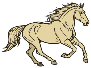 Obraz premium Illustration of a light brown horse in motion with a flowing mane and tail on a white background created with generated ai