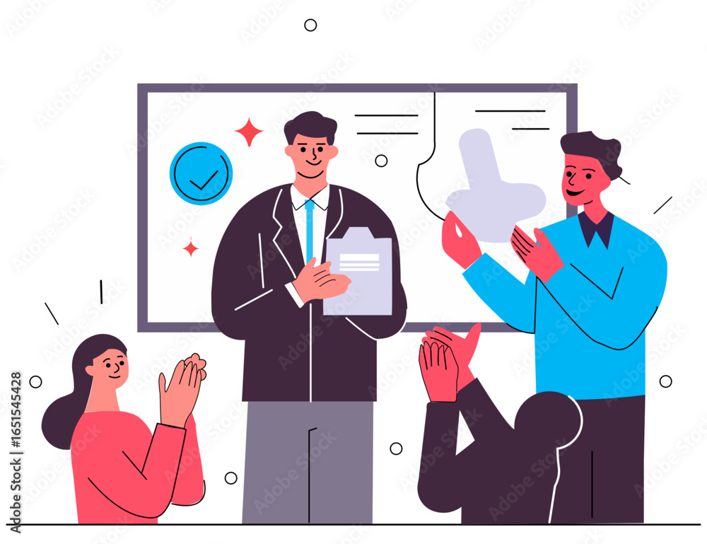 Poster flat design illustration of a manager presenting an employee of the month certificate in a team meet