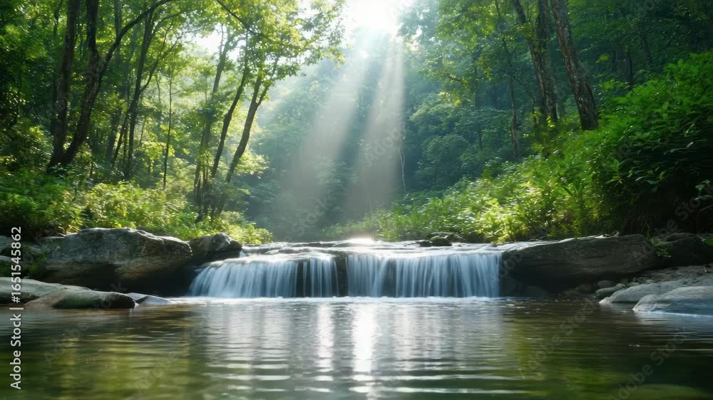 Poster cascading waterfall in forest embraced by sunlight, creating tranquility near gentle stream