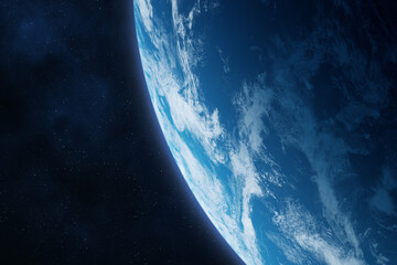 Amazing blue planet Earth with world ocean and clouds in outer space on a starry sky. Blue Earth in outer space.  Alien exoplanet in dark open space. 