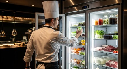A professional chef is shown from behind, reaching into a large, well-stocked commercial refrigerator