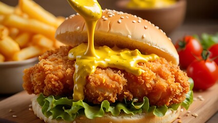 Delicious crispy fried chicken burger with melted cheese and french fries