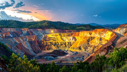 Open-pit mine at sunset