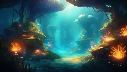 a fantasy underwater world with glowing co