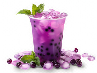 Premium studio shot showing Delicious taro bubble tea drink with ice cubes refreshment beverage cup isolated on transparent background, clear highlights and product ready surfaces, studio product phot