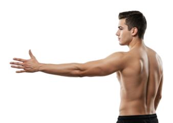 Demonstrating strength and confidence fitness studio male model studio environment side empowerment and fitness isolated on transparent background