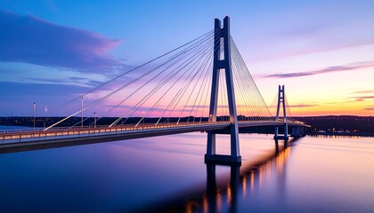 Naklejka premium Modern cable-stayed bridge at sunset over calm water