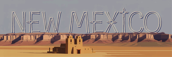 Obraz premium New Mexico Desert Landscape Illustration with Pueblo Adobe Church, Mesas, and Zia Symbol in Southwest Colors for Travel Promotion