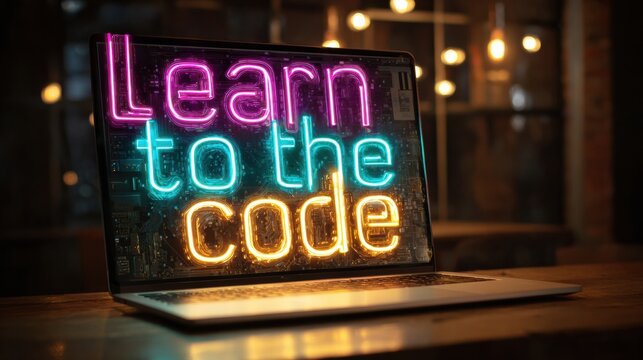 Bright Neon Sign Displayed on a Laptop Screen Promoting Coding Skills in a Cozy Indoor Workspace During Evening Hours