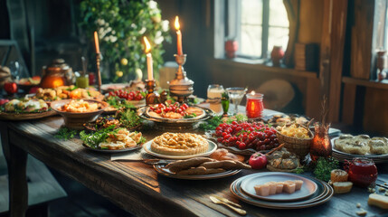 Fototapeta premium A rustic table adorned with a variety of mava-based delicacies