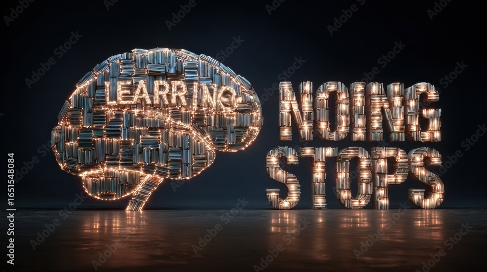 Poster creatively illuminated brain sculpture made of books with glowing letters promoting continuous learn