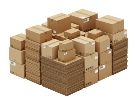 Efficient packaging solutions cardboard boxes stacked in warehouse logistics industrial environment aerial isolated on transparent background