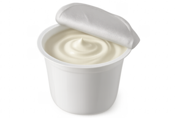 Plastic container of yogurt or cream with open foil lid on transparent background