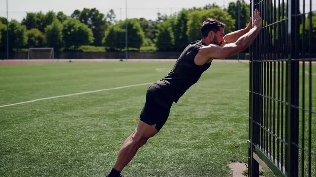 Young man in sportswear doing stretching and push-ups against a fence on an outdoor stadium. Fitness training concept, strength and endurance workout.
