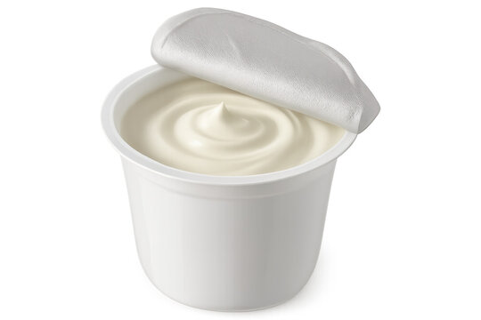 Plastic container of yogurt or cream with open foil lid on transparent background