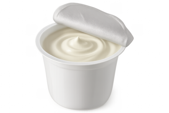 Plastic container of yogurt or cream with open foil lid on transparent background