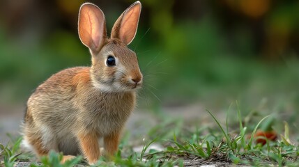 Fototapeta premium Brown rabbit sits alertly among green foliage and grey gravel, sunlight on its ears