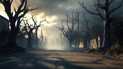 Spooky Road Through Dead Trees, Eerie Atmosphere, Dramatic Lighting.