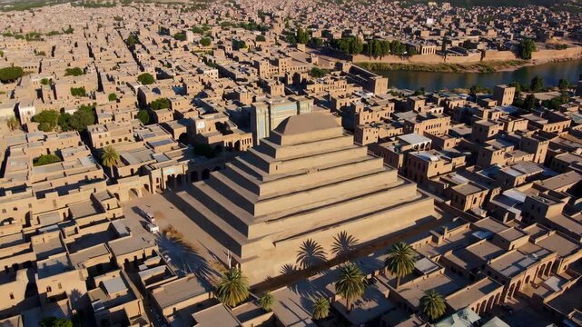 Aerial panoramic view of an ancient Mesopotamian-style ziggurat surrounded by a dense cityscape along a river. The stepped pyramid rises in the heart of the city, showcasing historical architecture bl