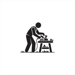 Black silhouette of a person using a circular saw on a workbench worker carpenter