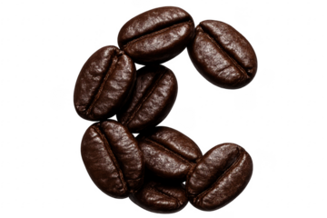 Roasted coffee beans forming letter c on transparent background