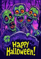 Obraz premium Happy Halloween Concept Greeting Card with Zombies and Copy, Text. Halloween Post Card with Zombies. Halloween Concept Poster with Copy, Text. Halloween Party Invitation Card. 