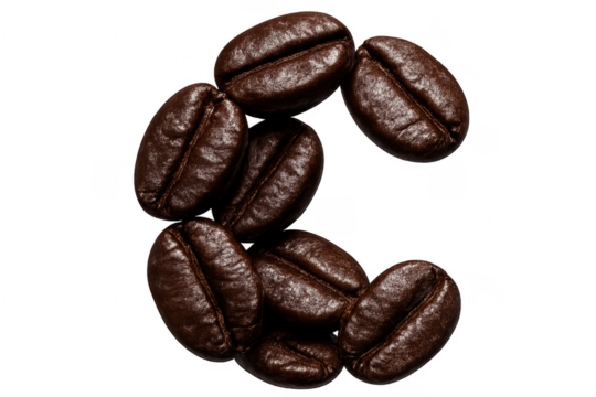 Roasted coffee beans forming letter c on transparent background