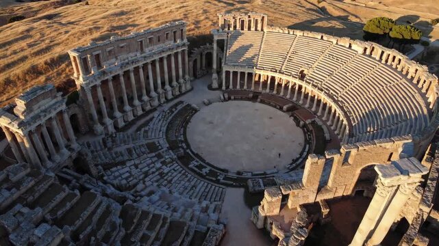 Drone footage of an ancient Roman amphitheater in ruins, captured under warm sunlight. The massive stone structure with towering columns and rows of empty seats reflects the grandeur of ancient archit