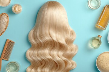 Fototapeta premium Blonde wavy hair extensions surrounded by essential care accessories.