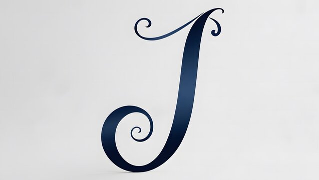 Sophisticated and decorative letter J in deep navy blue, featuring elegant calligraphic swirls and a classic, luxurious design perfect for monograms and refined visual identity