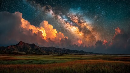 Obraz premium Starry Night Sky with Galaxies and Luminous Cloud, Ethereal Effect Over Grassy Field, Photorealistic Celestial Landscape with Black Background and Vibrant Colors