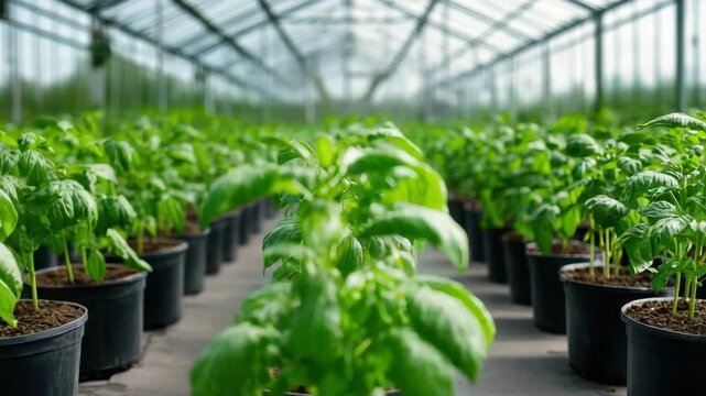 Vibrant Greenery Basil Plants Flourishing in Pots Within Greenhouse Agriculture Environment