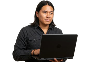 Engaging professional working on laptop in modern office virtual collaboration technology indoor focused mindset isolated on transparent background